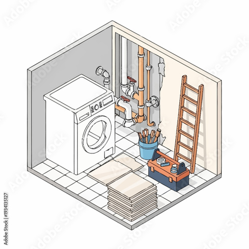 Isometric view of a utility room with a washing machine and tools.