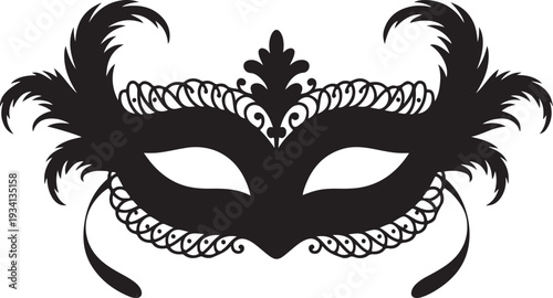 Black masquerade mask with feathers and scrollwork
