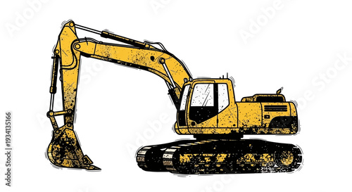 Yellow excavator on white background, construction vehicle illustration