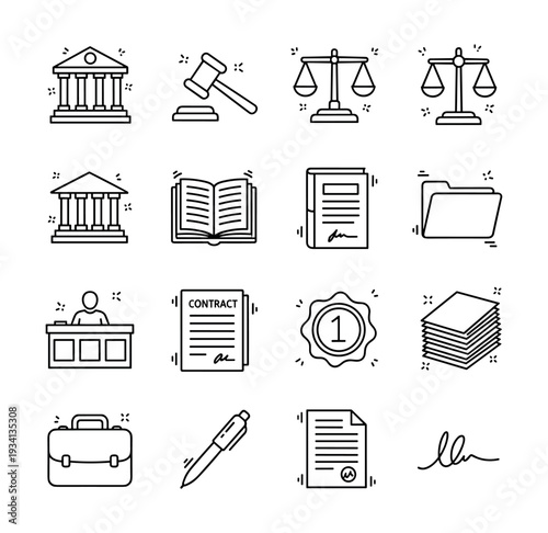 Collection of legal and justice icons representing law, court, and business documents