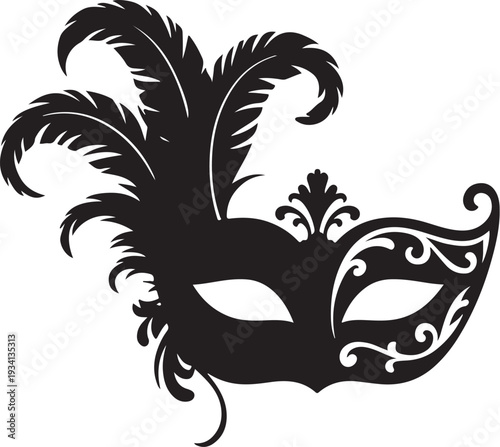 Black masquerade mask with feathers and scrollwork