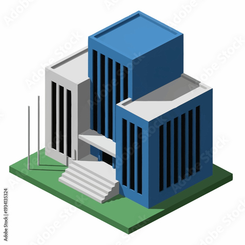 Modern Isometric Building Illustration with Blue and Gray Facades.