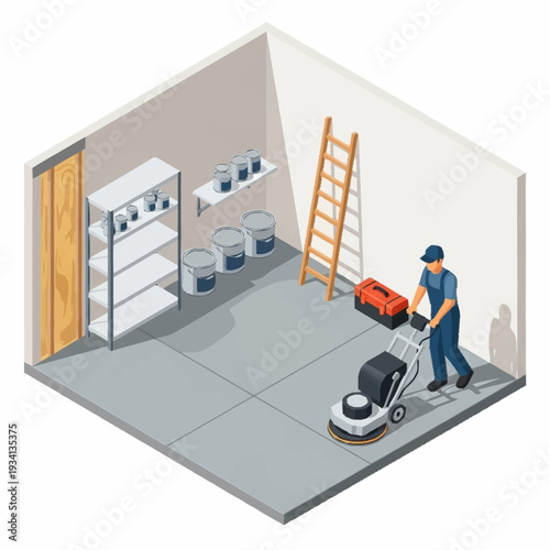 Professional worker operating a floor polisher in an industrial setting.