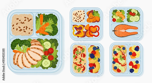 Variety of healthy meals with fruits and vegetables arranged on plates