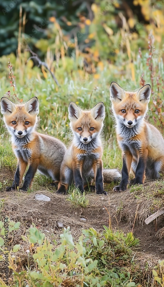 Fototapeta premium Playful Red Fox Cubs Exploring Their Natural Habitat in a Beautiful Wild Meadow Landscape