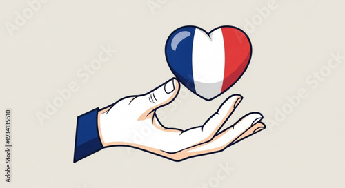 Vector Illustration of a Hand Holding a Heart Shaped France Flag, French Patriotic Symbol for Bastille Day, Love for France, and National Identity.,Fr