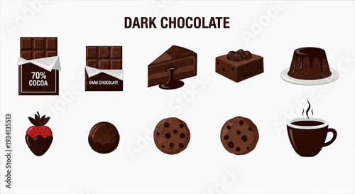 A delightful collection of assorted chocolate desserts and treats, showcasing dark chocolate bars, cake, brownies, pudding, strawberries, truffles, cookies, and a hot cup of cocoa