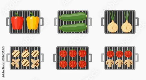 Grilled vegetables and meats sizzling on multiple barbecue grills outdoors