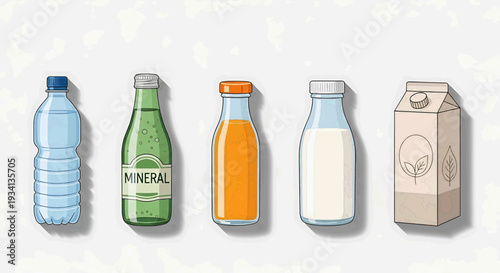 Collection of refreshing bottled and packaged drinks water, mineral water, orange juice, dairy milk, and a plant-based beverage, illustrating healthy hydration options