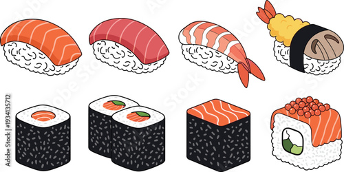 Sushi and rolls vector collection with salmon tuna shrimp nigiri and maki illustrations