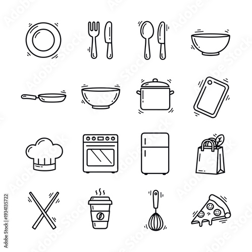 Collection of hand-drawn kitchen and food icons in a simple doodle style