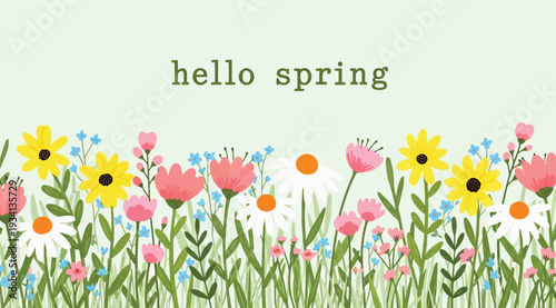 Colorful spring flowers and greenery with hello spring text on light green background