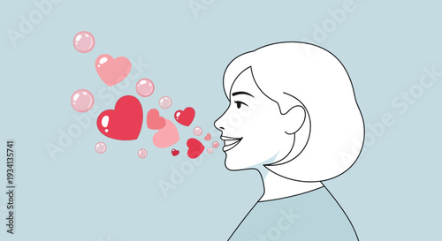 A smiling woman blowing hearts into the air with a joyful expression