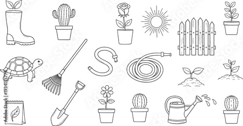 Gardening Tools and Plants Outline Icon Set with Shovel, Rake, Watering Can, Cactus, Fence and Garden Elements Vector Collection