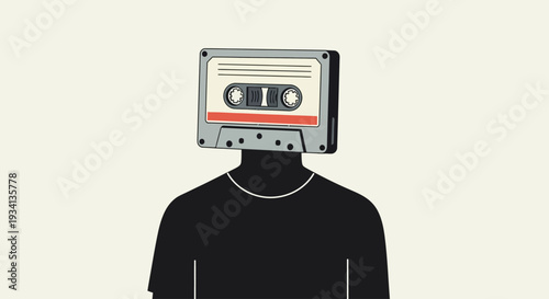 A person with a cassette tape for a head standing against a plain background