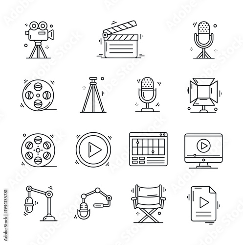 Collection of modern line art icons representing film and video production equipment