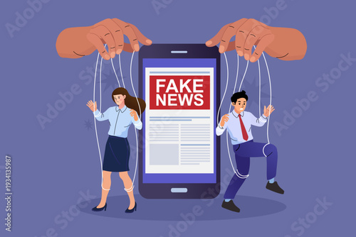 Large hands manipulating office workers like puppets through a smartphone displaying fake news. This scene represents media control, digital misinformation, and social engineering risks.