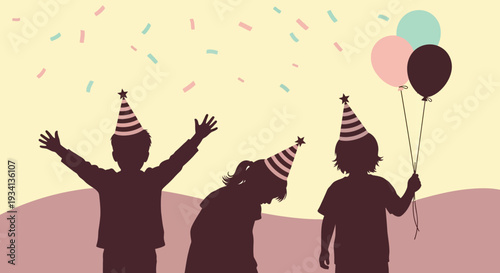 Joyful Children Silhouettes Celebrating Birthday Party with Hats, Balloons, and Confetti