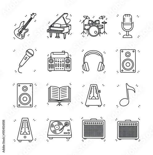 Collection of musical instruments and audio equipment icons in a simple line art style