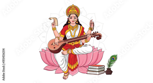 Goddess Saraswati Illustration: Hindu Deity of Wisdom, Music, Arts, and Learning with Veena, Books, and Lotus. Ideal for Cultural & Educational Themes.