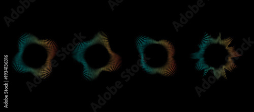 A set of four circular audio waveforms or frequency visualizers on a black background. Sound equalizer icons gradient neon.