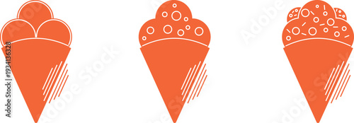 Ice cream in waffle cones with milk cream, candy balls, powdered sugar and chocolate crumbs. Sweet and cold ice cream, simple vector icons. Sweet food	