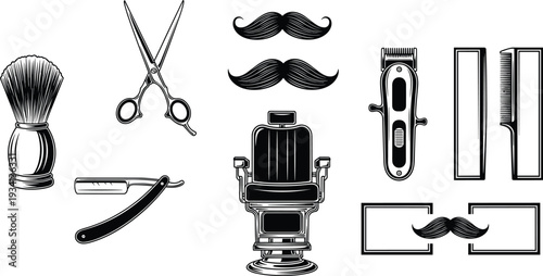 Vintage Barber Shop Icon Set with Mustache, Scissors, Razor, Hair Clipper and Classic Barbershop Chair Vector Collection