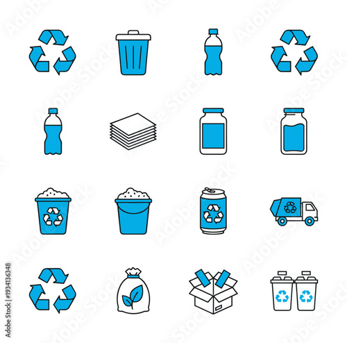 Collection of recycling and waste management icons with blue and black outlines