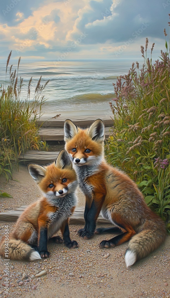 Obraz premium Adorable Red Foxes Playfully Bonding Together on a Scenic Coastal Beach During Summer Days
