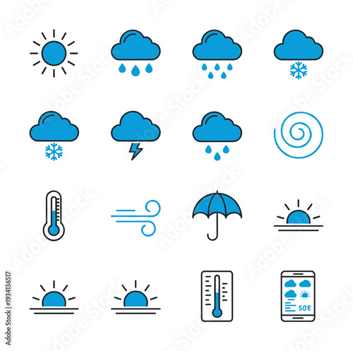 Collection of weather icons representing various meteorological conditions and forecasts