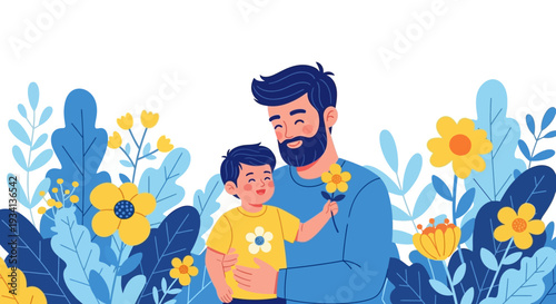 Happy Father and Son Bonding, Surrounded by Colorful Flowers & Greenery. Cheerful Flat Illustration of Family Love & Nature.