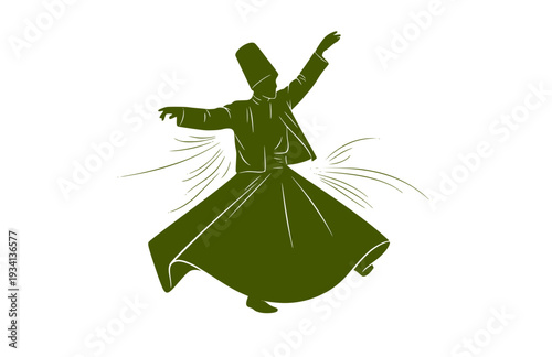Rumi Poet Whirling Dervish Silhouette, Sufi Mysticism History Vector Sticker, Spiritual Literature and Poetry Illustration