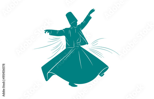 Rumi Poet Whirling Dervish Silhouette, Sufi Mysticism History Vector Sticker, Spiritual Literature and Poetry Illustration