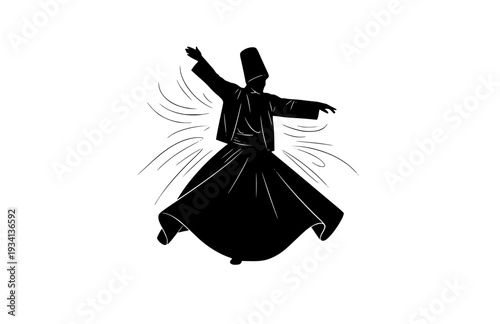 Rumi Poet Whirling Dervish Silhouette, Sufi Mysticism History Vector Sticker, Spiritual Literature and Poetry Illustration