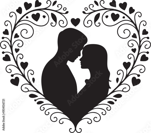 Black silhouette couple kissing in heart frame love