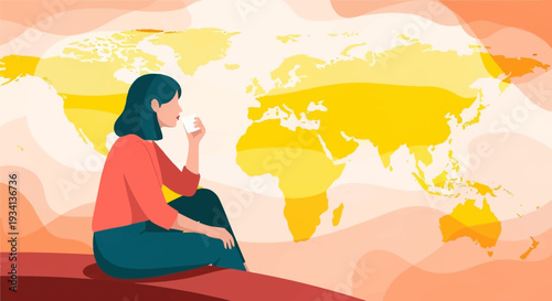 Woman Drinking Coffee, Gazing at World Map: Global Travel Planning & Future Aspirations Illustration