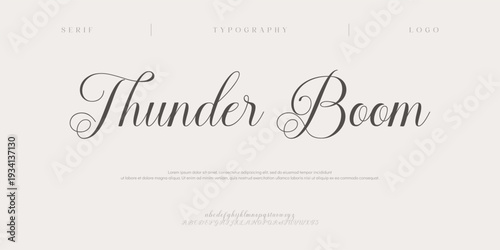 Thunder Boom, Script luxury wedding alphabet letters font with tails. Typography elegant classic serif fonts and number decorative vintage retro concept for logo branding. vector illustration
