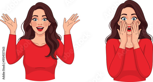 Surprised woman character with expressive facial emotions, female reaction illustration isolated on white background design