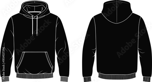 Front and back view of a black hooded sweatshirt with white outline and drawstrings hoodie apparel