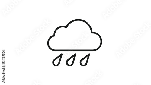 Simple black outline vector graphic illustration depicting a single cloud with three falling raindrops underneath representing rain weather