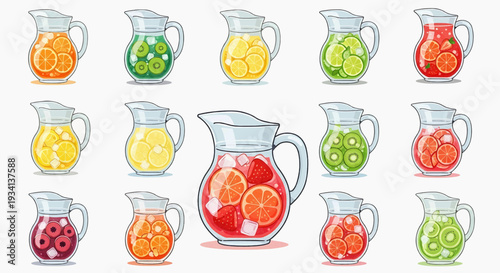 A vibrant illustration of various colorful pitchers filled with fruits on a table indoors.