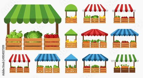 Fresh produce market stalls with colorful awnings display various fruits outside daily
