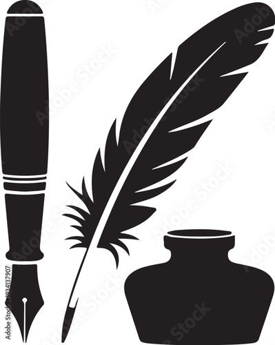 Black silhouette fountain pen feather quill inkwell