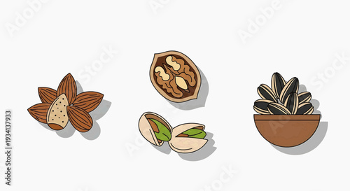 Illustration of various nuts and seeds on display in a bowl and cracked open
