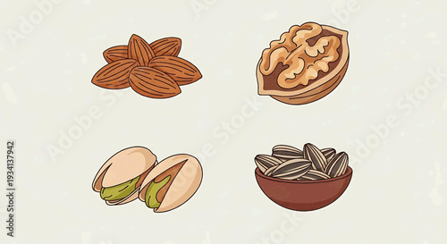 Illustration of various nuts and seeds on a plate and cracked open showcasing food items