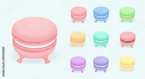 Colorful macarons and small stools are arranged on a table indoors.