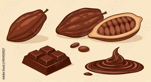 Chocolate products including cacao pods, beans, chocolate bar, and chocolate paste are displayed.