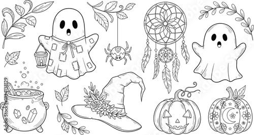 Halloween Doodle Illustration Set with Ghost, Pumpkin, Witch Hat, Cauldron, Spider and Dreamcatcher Outline Vector Collection