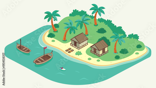 Tropical island getaway with palm trees and wooden boats