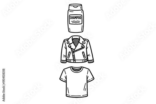 A vertical set of three minimalist line art icons featuring a shampoo bottle, a leather biker jacket, and a simple short-sleeved t-shirt displayed on a dark background.